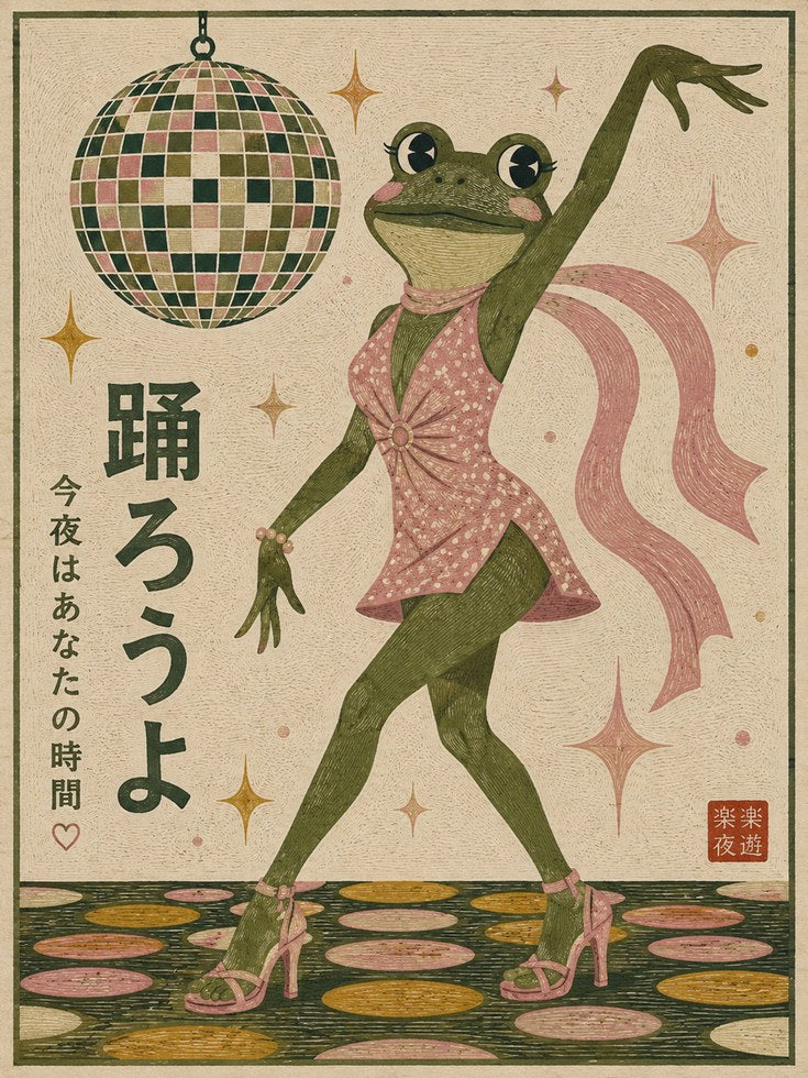 Disco Frog Wall Art – Retro Japanese Print - artwork on paper