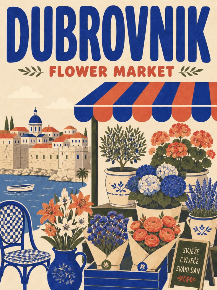 Dubrovnik Flower Market Print: Vintage Travel Poster Style - artwork on paper