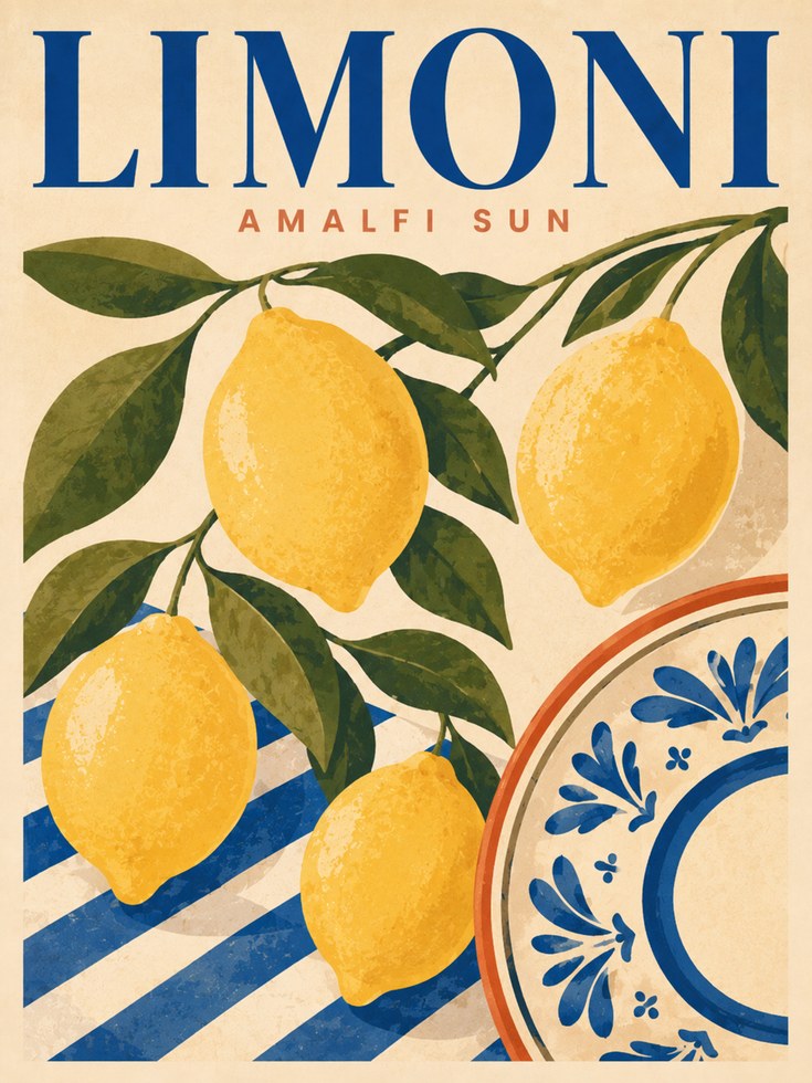 Lemon Kitchen Wall Art – Italian Coastal Print - artwork on paper
