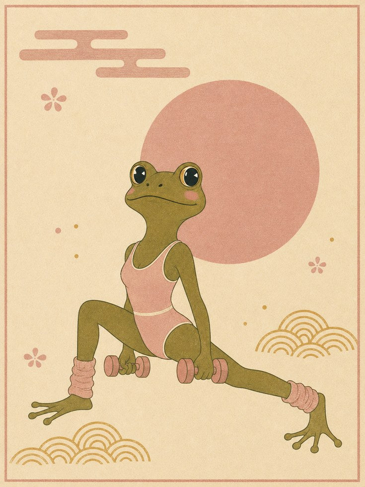 Yoga Frog Poster: Japanese Minimalist Art in Pink and Beige - artwork on paper