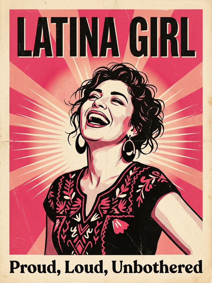 Latina Girl Retro Pop Art Poster: Vintage Pink Propaganda Style - artwork on paper
