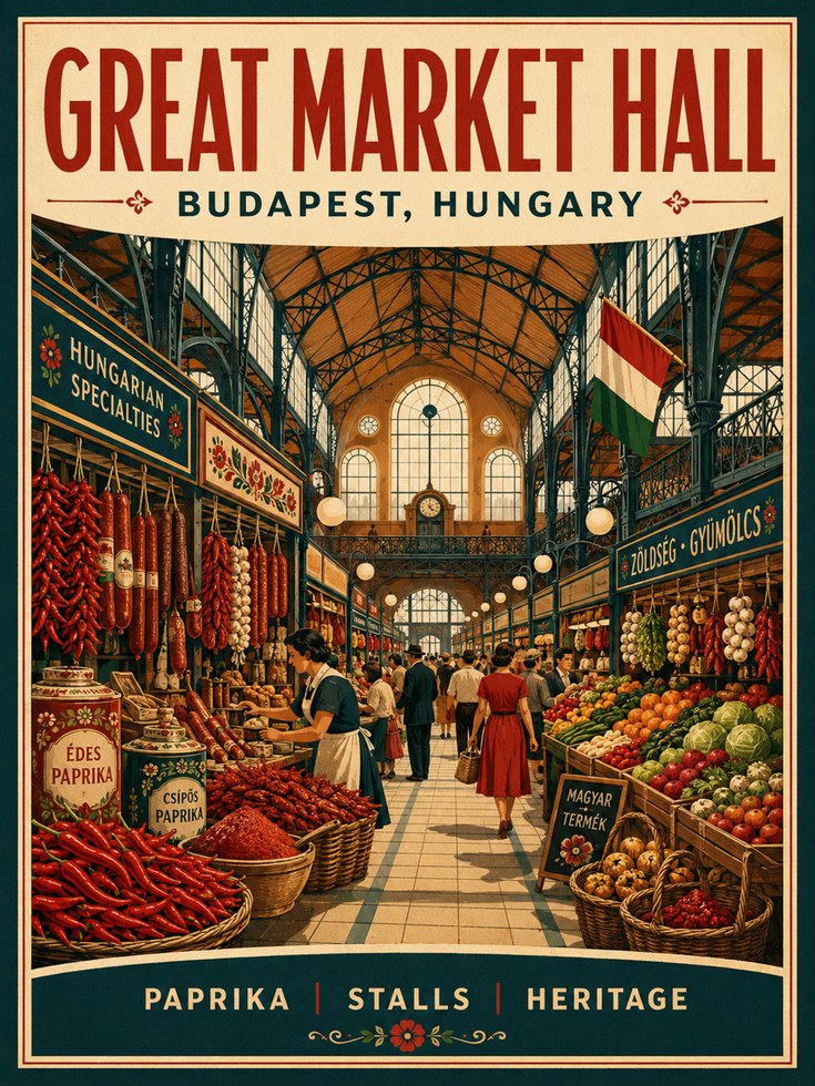 Market Hall Budapest Travel Print – Vintage Hungarian Market Art - artwork on paper