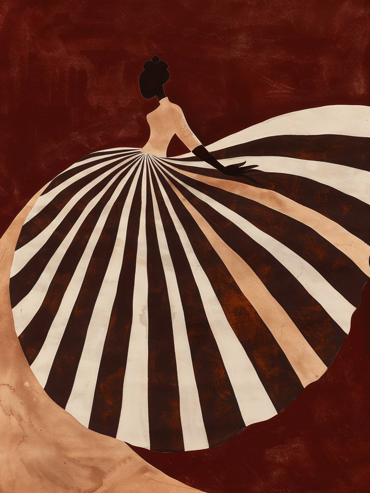 Striped Gown Art Print: Art Deco Woman in Brown and Cream - artwork on paper