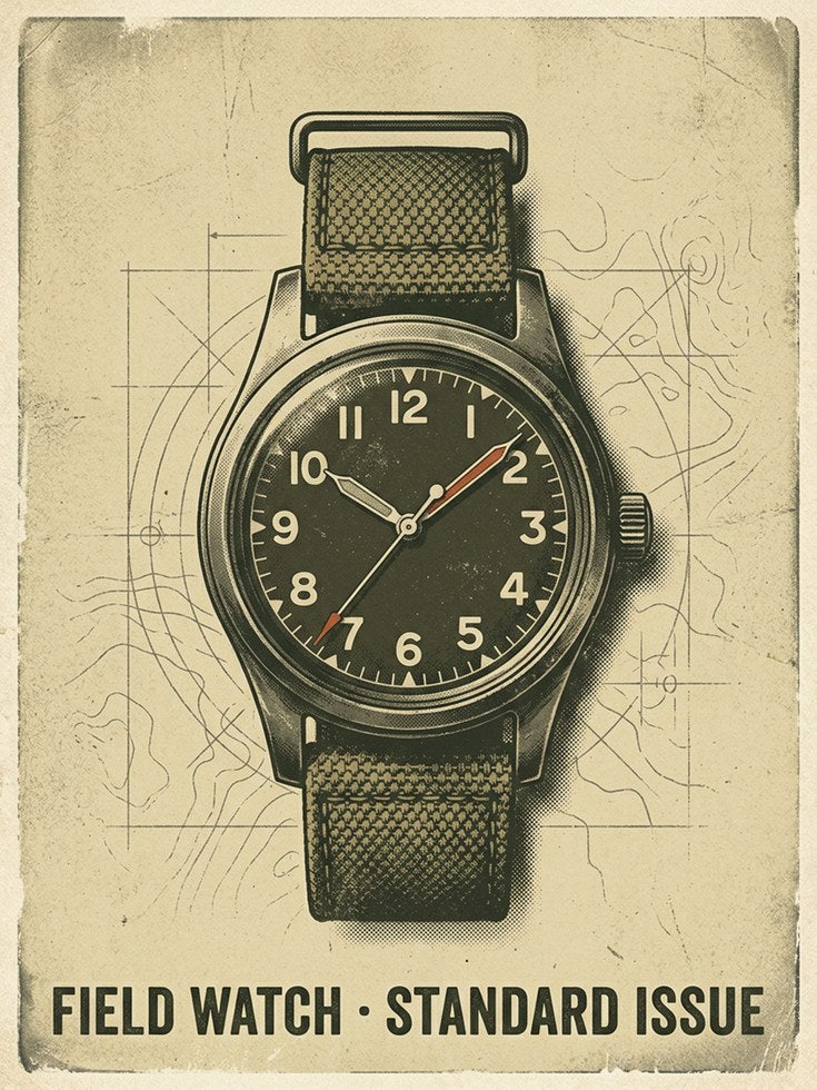 Vintage Military Field Watch Poster: Retro Technical Illustration - artwork on paper