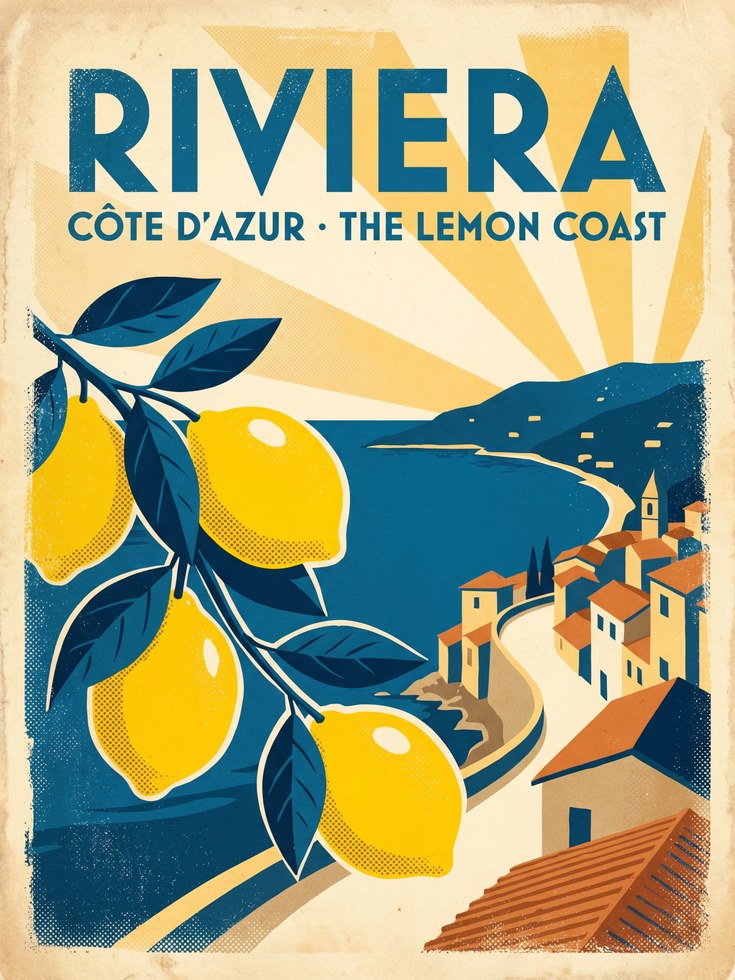 Riviera Côte d'Azur Travel Poster: Vintage Lemon Coast Art Print - artwork on paper