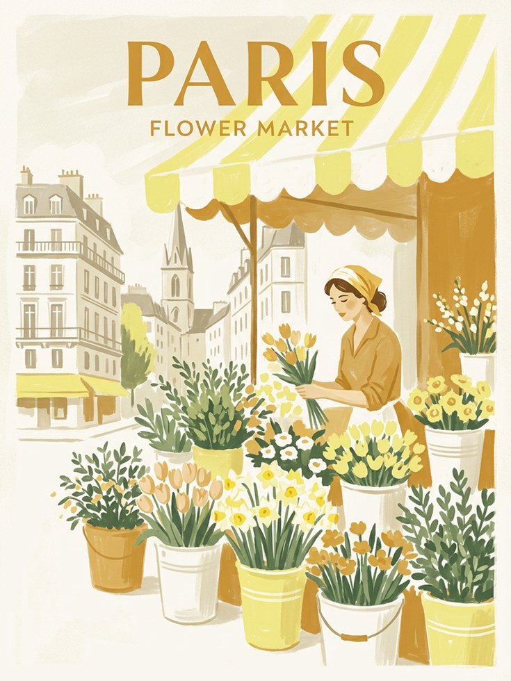 Paris Flower Market Poster: Vintage French Travel Art Print - artwork on paper