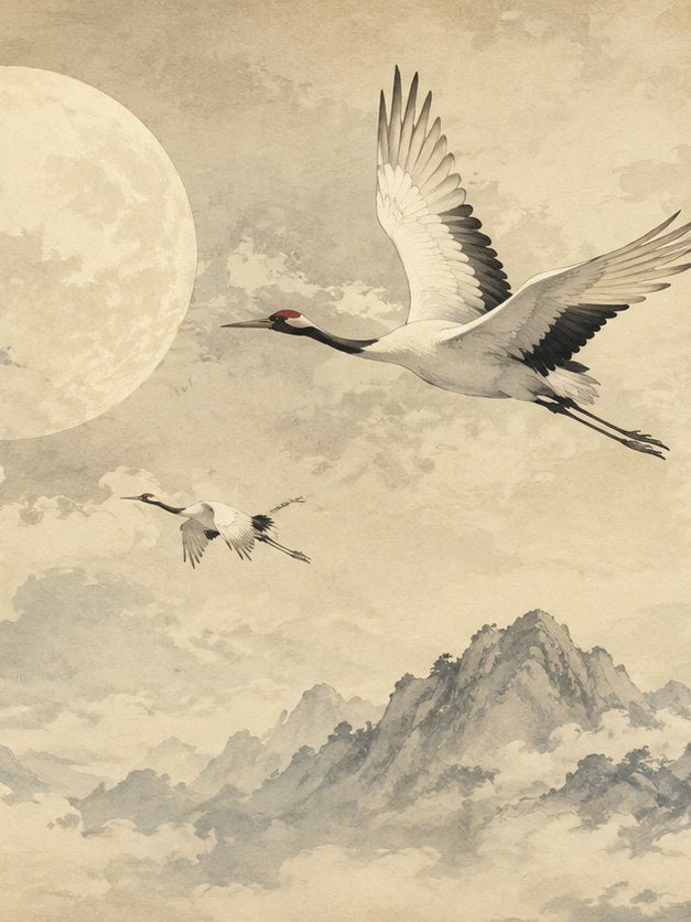 Japanese Crane Moon Flight Print: East Asian Ink Wash Art - artwork on paper