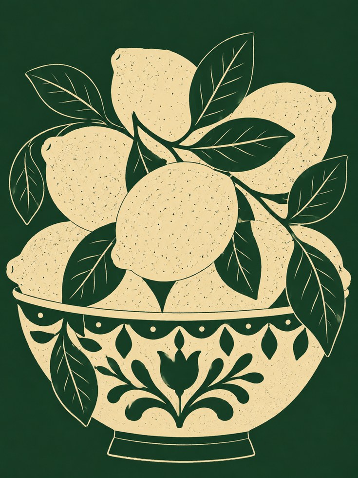 Lemon Bowl Wall Art – Folk Art Kitchen Print - artwork on paper