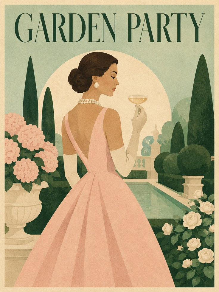 Garden Party Vintage Poster — Elegant Mid-Century Woman in Pink Gown - artwork on paper