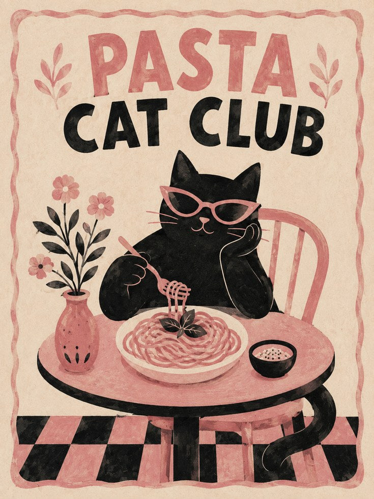 Pasta Cat Club Print – Retro Kitchen Wall Art - artwork on paper