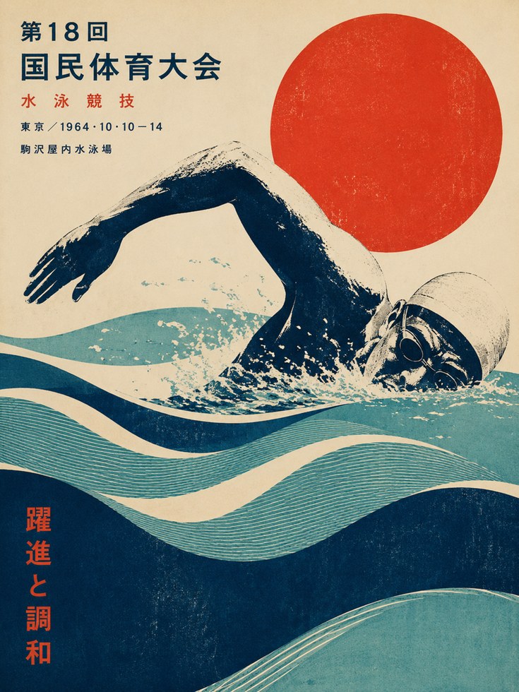 Japanese Swimming Poster – Vintage Sports Print - artwork on paper