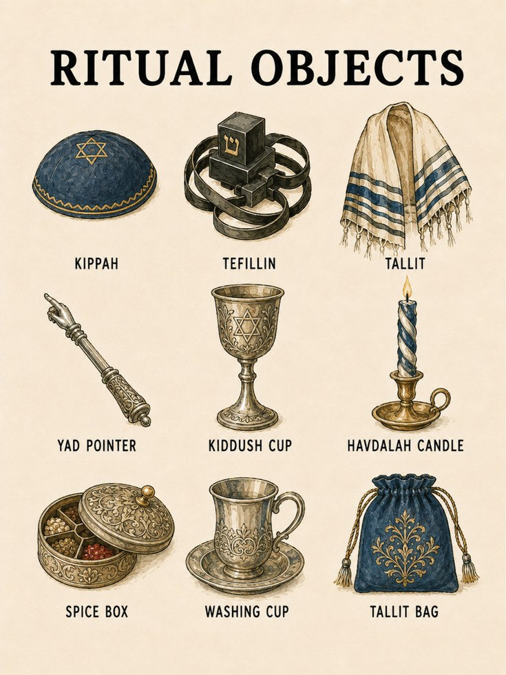 Jewish Ritual Objects Art Print: Traditional Ceremonial Items - artwork on paper