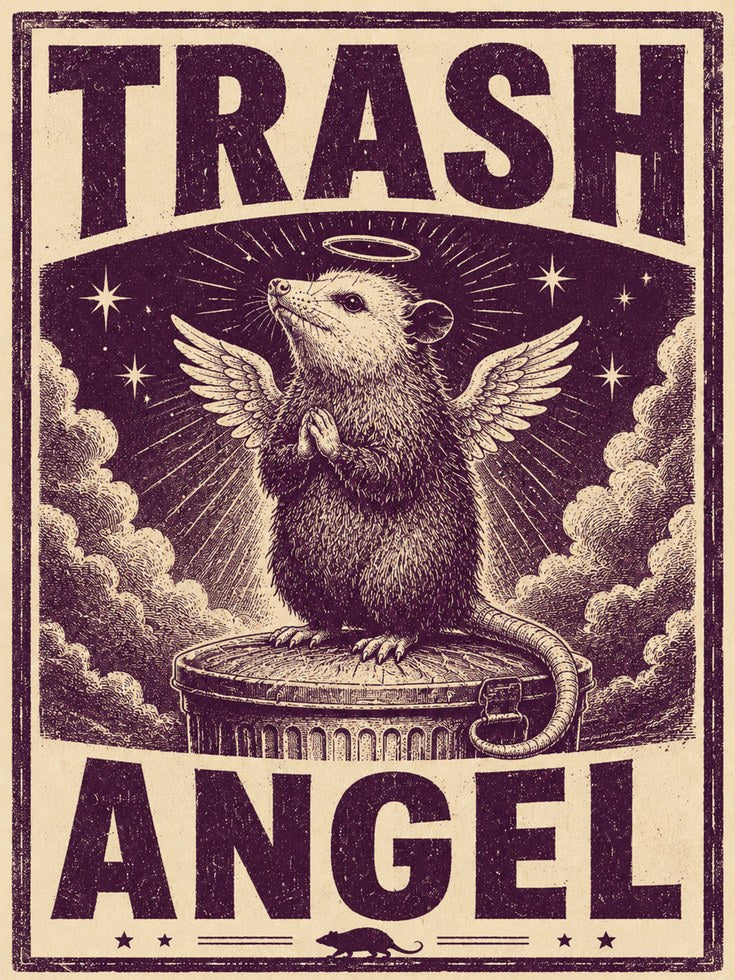 Trash Angel Possum Print: Retro Animal Wall Art (Purple & Cream) - artwork on paper