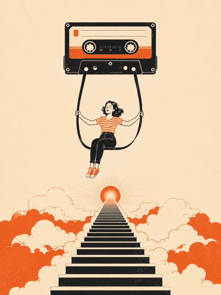 Cassette Tape Swing Art Print: Retro Music Nostalgia in Orange - artwork on paper