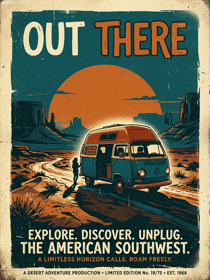 Vintage Travel Poster Print — Southwest Desert Van Life - artwork on paper