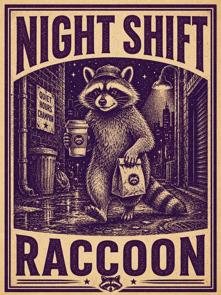 Raccoon Wall Art: Vintage Night Shift Illustration - artwork on paper