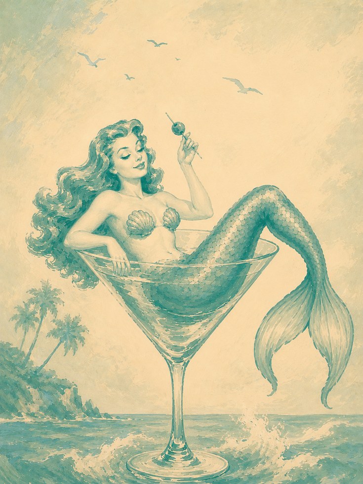 Mermaid Martini Art Print: Vintage Teal Beach Cocktail Poster - artwork on paper