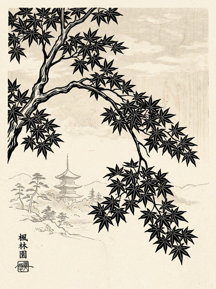 Japanese Maple Tree Art Print: Black and Cream Pagoda Landscape - artwork on paper