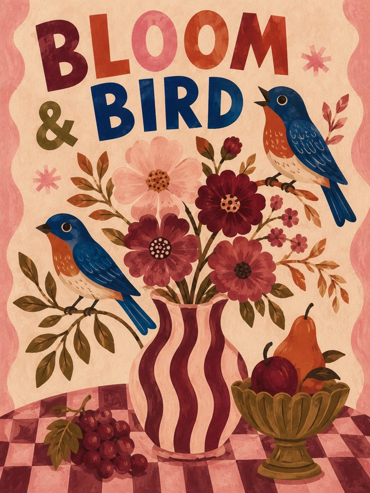 Bloom & Bird Folk Art Print: Blue Birds with Burgundy Florals - artwork on paper