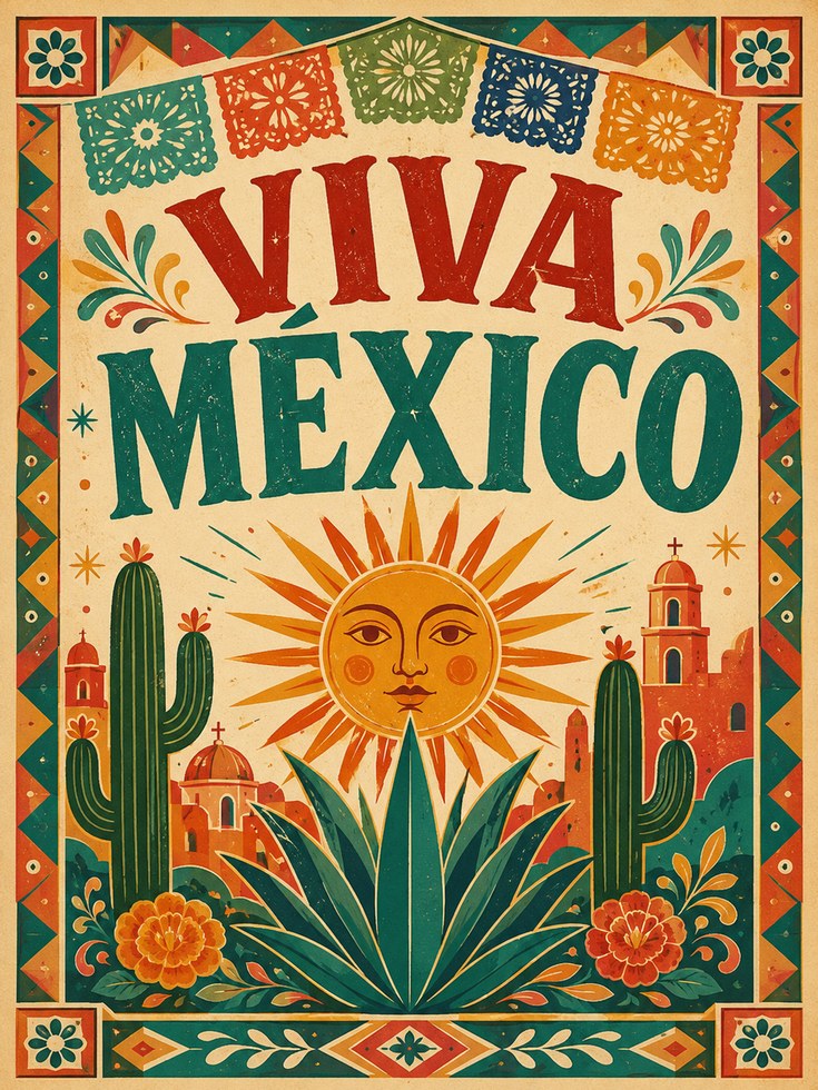 Viva Mexico Print: Festive Papel Picado Design (Boho Wall Art) - artwork on paper