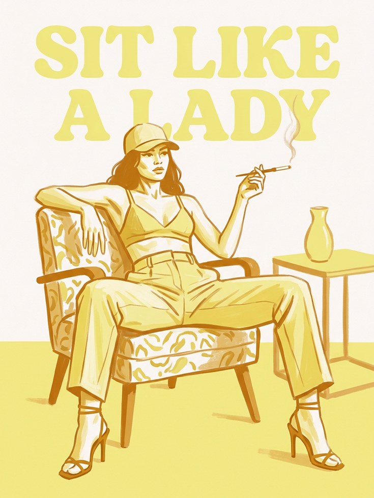 Sit Like a Lady Retro Wall Art: Vintage Yellow Fashion Poster - artwork on paper
