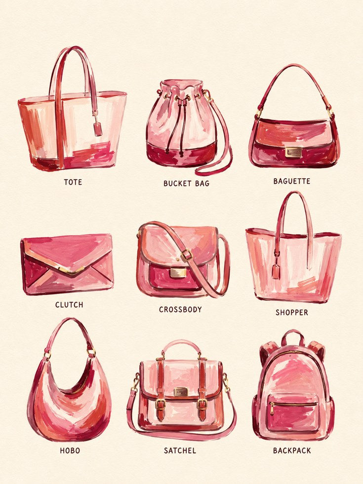 Fashion Handbag Collection Art Print: Watercolor Pink Accessories - artwork on paper