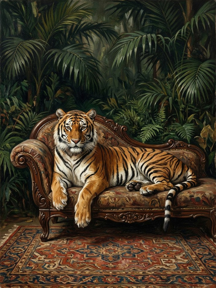 Tiger on Victorian Sofa Print — Jungle Maximalist Art - artwork on paper
