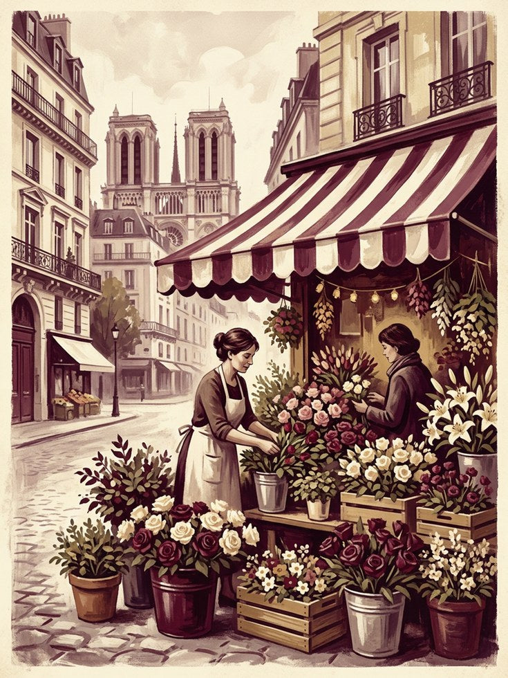 Parisian Flower Market Art Print: Vintage Paris Street Scene - artwork on paper