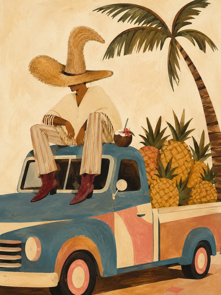 Vintage Tropical Truck Print: Retro Blue Pickup with Pineapples - artwork on paper