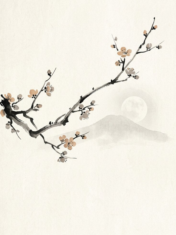 Cherry Blossom Branch Art Print: Japanese Ink Wash Painting - artwork on paper