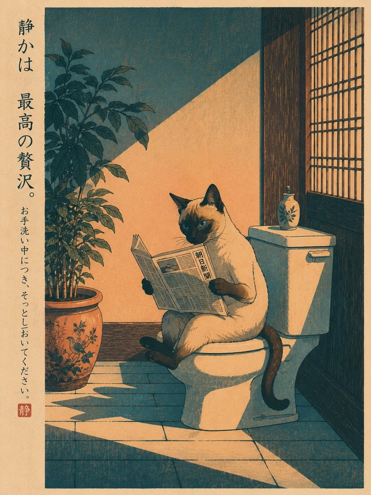 Siamese Cat Reading Newspaper Poster: Japanese Woodblock Style - artwork on paper