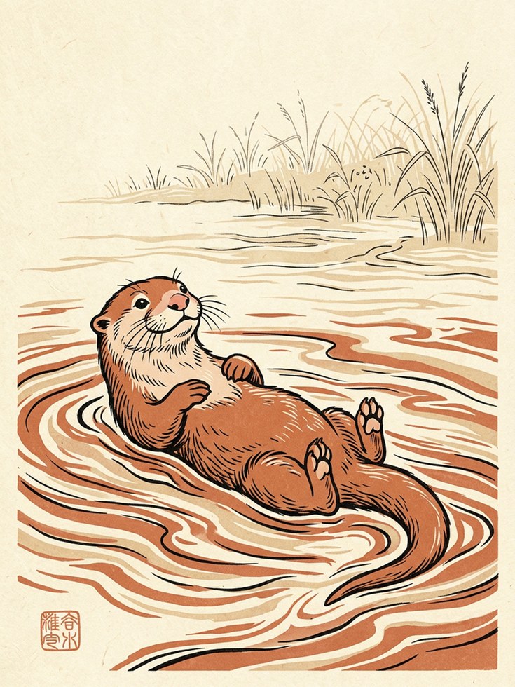 Floating Otter Art Print: Japanese Woodblock Style Wildlife Design - artwork on paper
