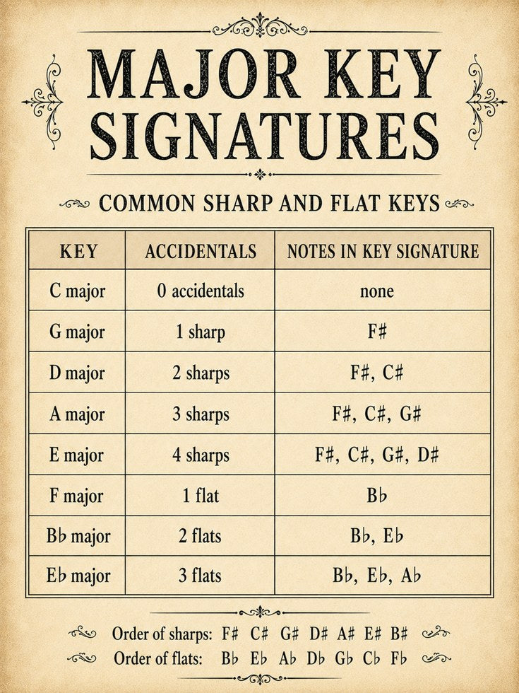 Music Theory Poster – Major Key Signatures Chart - artwork on paper