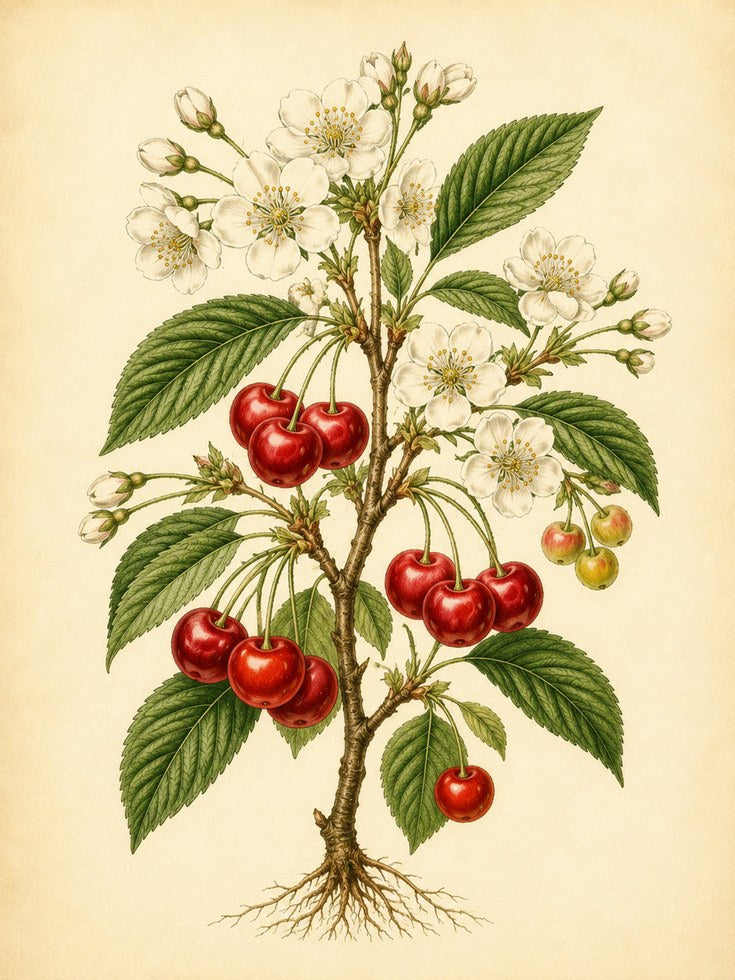 Vintage Cherry Botanical Print — Antique Style Fruit Illustration - artwork on paper