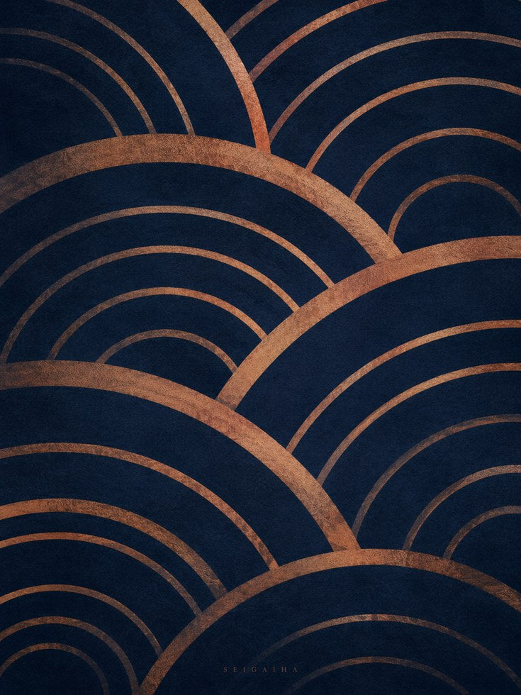 Geometric Wave Print: Navy and Copper Art Deco (Unframed) - artwork on paper