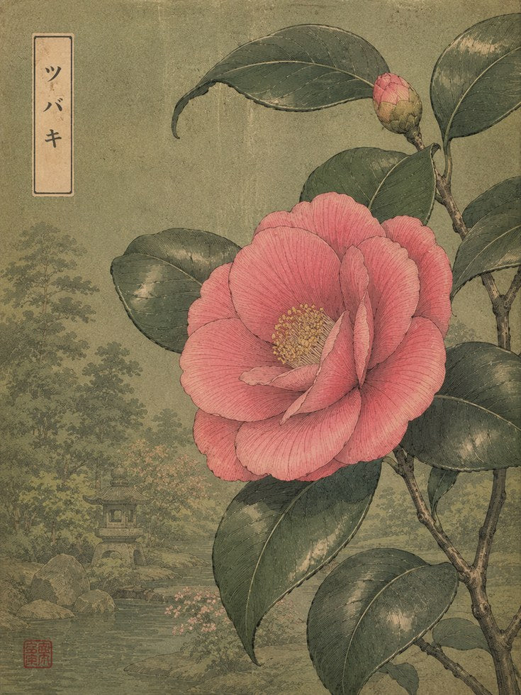Japanese Camellia Botanical Print — Vintage Asian Flower Art - artwork on paper
