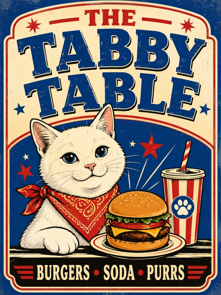 Retro Diner Cat Burger Print - artwork on paper