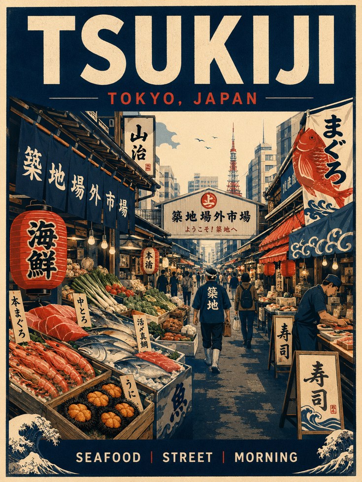 Tsukiji Tokyo Travel Poster — Vintage Japanese Fish Market Print - artwork on paper