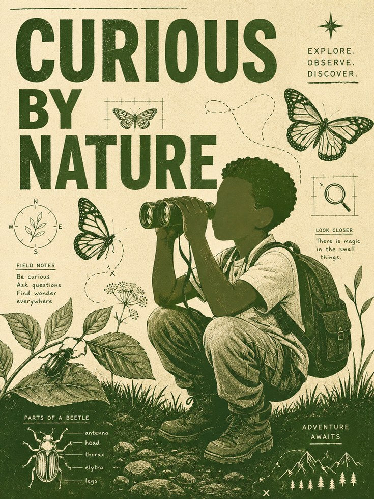 Curious By Nature Explorer Print: Vintage Green Nature Study Art - artwork on paper