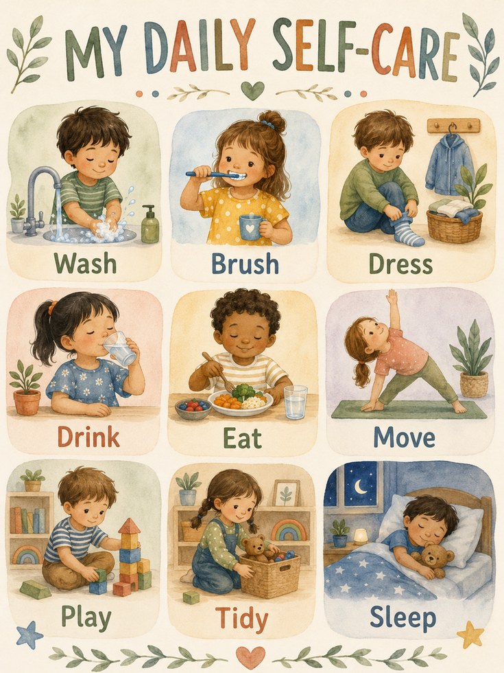 Self-Care Chart for Kids: Watercolor Daily Routine Poster - artwork on paper