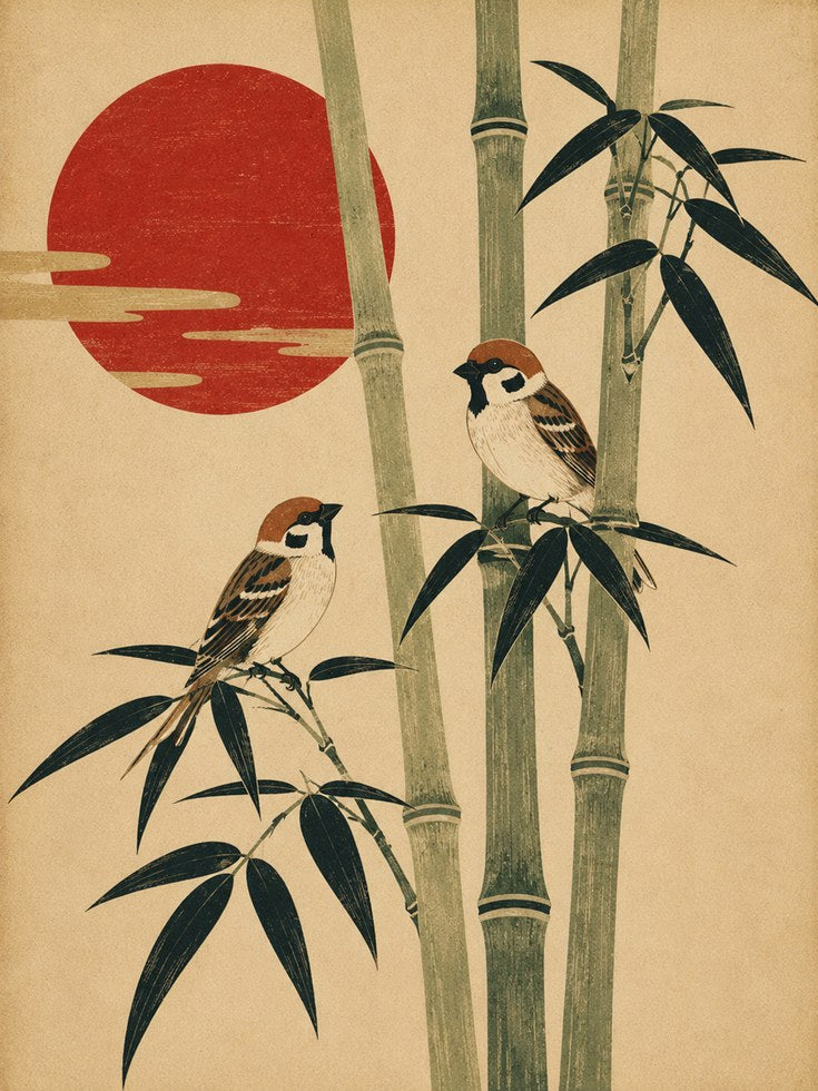 Japanese Sparrows Art Print - artwork on paper