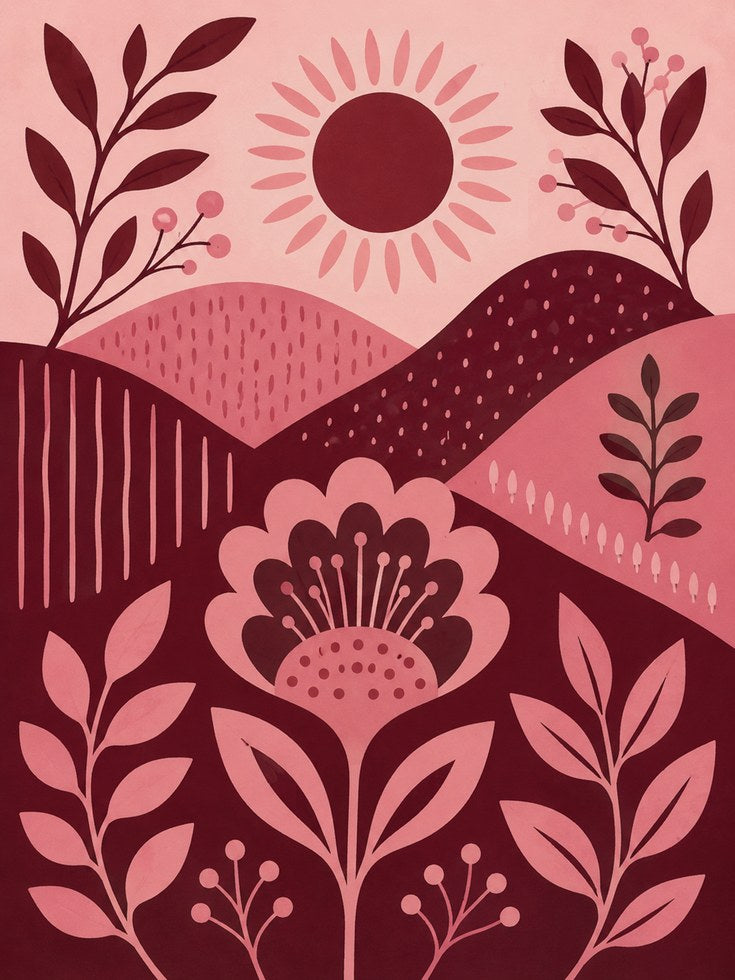 Folk Art Floral Print – Pink Sun Landscape Art - artwork on paper