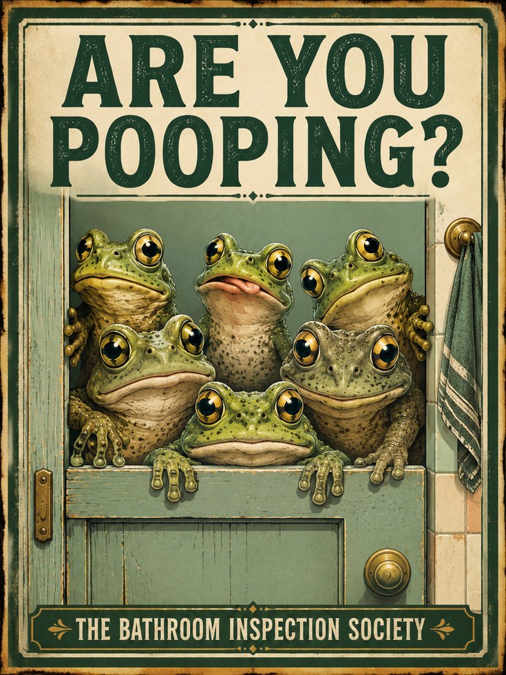 Bathroom Frog Print: Retro Humor Wall Art (Funny Pooping Sign) - artwork on paper