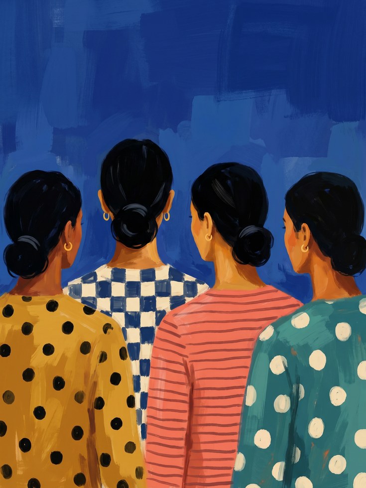 Figurative Women Print — Four Figures in Patterned Dresses - artwork on paper