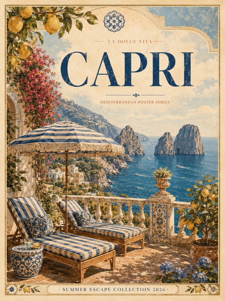 Capri Travel Poster Print — Vintage Mediterranean Coast - artwork on paper