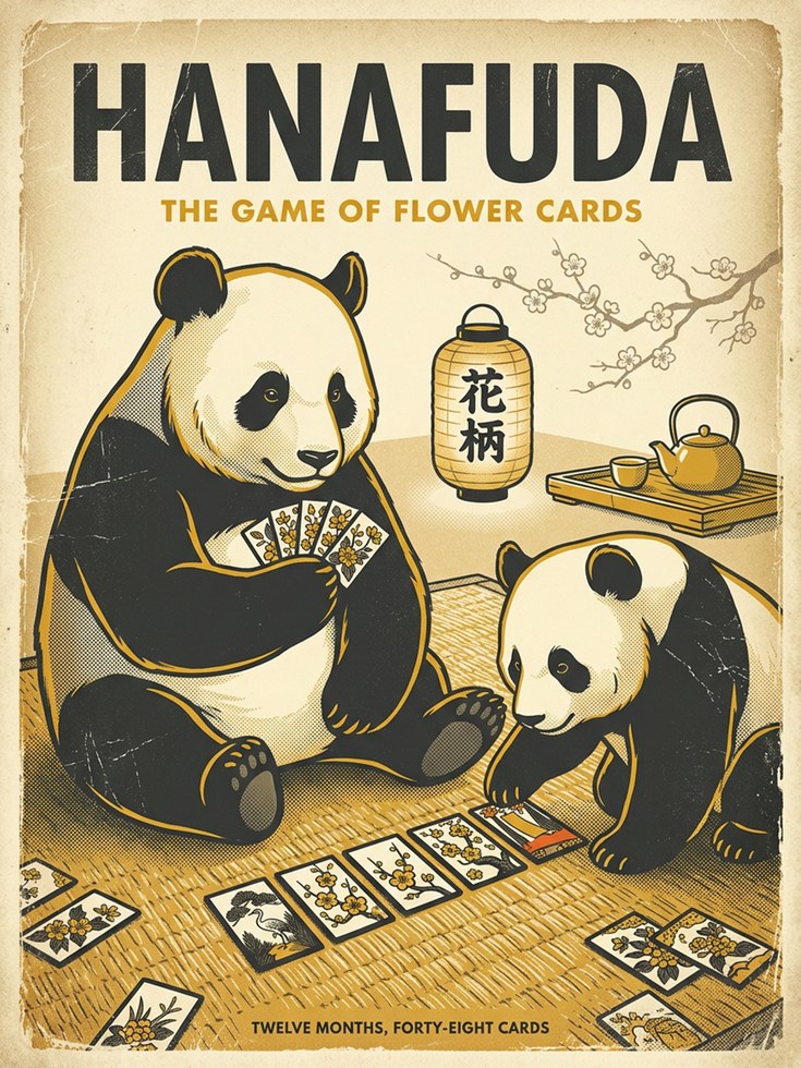 Hanafuda Pandas Playing Cards Art Print: Vintage Japanese Style - artwork on paper