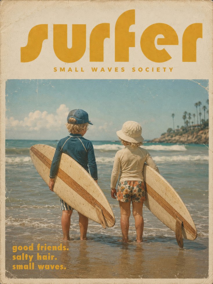 Vintage Surf Poster Print — Retro Kids Surfing Art - artwork on paper
