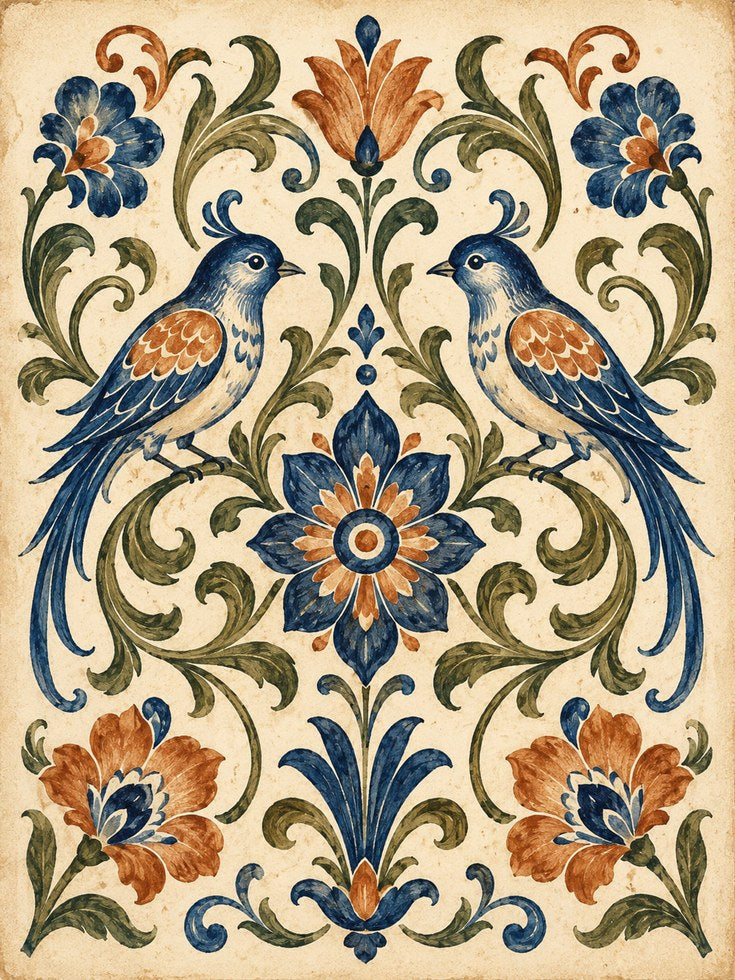 Folk Art Birds and Florals: Traditional Symmetrical Design Print - artwork on paper