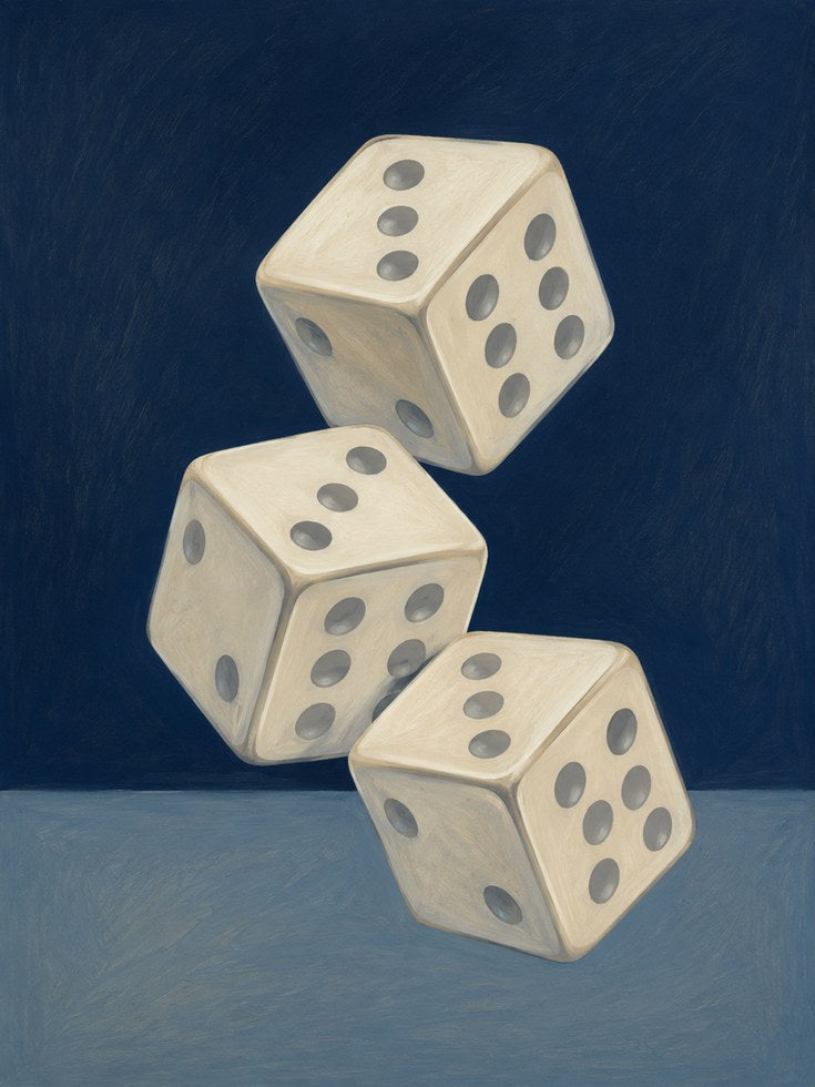 Vintage Dice Stack Wall Art: Minimalist Blue Game Room Print - artwork on paper