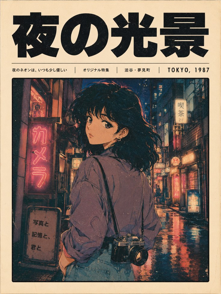Anime Tokyo Night Print — Retro Japanese City Scene - artwork on paper